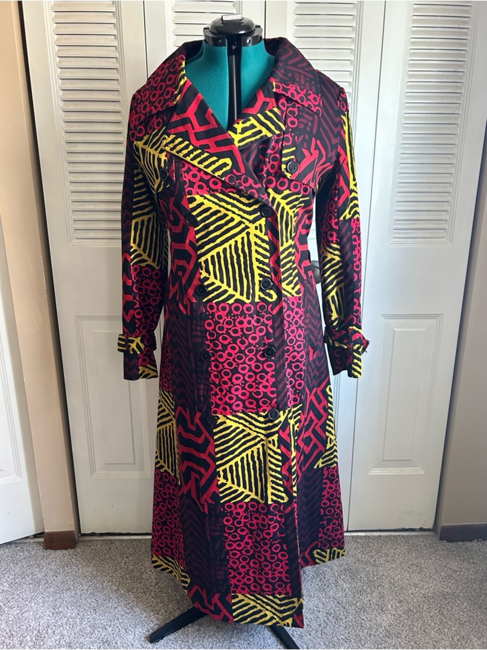 DIYANU African Print Trench Coat Women XL Ankara Belted Statement Jacket